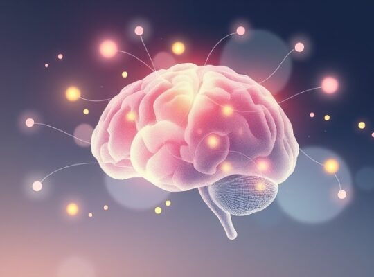 Abstrakcyjna ilustracja mózgu przetwarzającego rozproszone informacje, pastelowe kolory, wirujące światła, skupienie, rozproszenie.