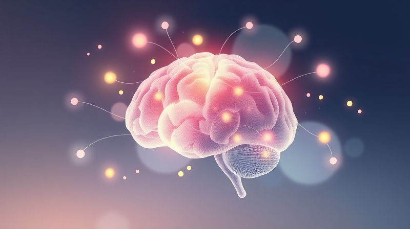 Abstrakcyjna ilustracja mózgu przetwarzającego rozproszone informacje, pastelowe kolory, wirujące światła, skupienie, rozproszenie.