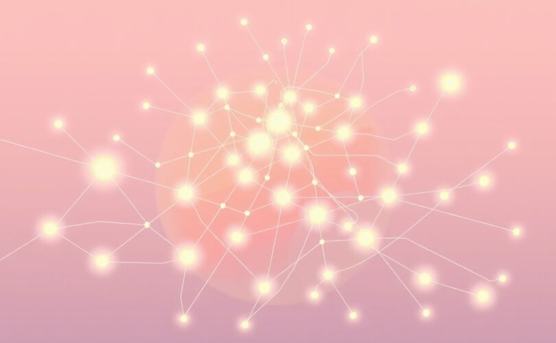 Abstrakcyjna wizualizacja przetwarzania mózgu w niepewności, w kojącej palecie pastelowych barw.