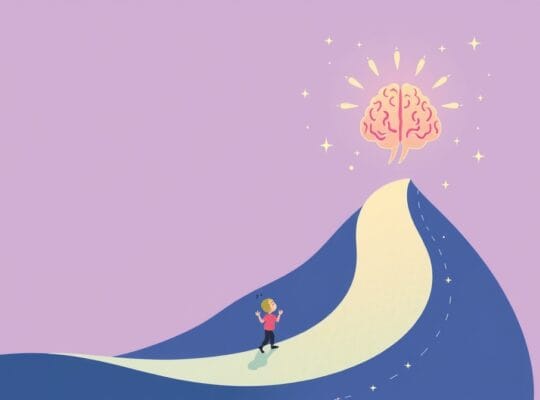 Stylizowana ilustracja drogi sukcesu oświeconej kroplami dopaminy prowadzi do lśniącego mózgu.