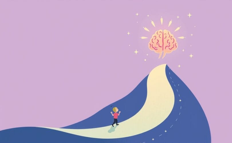 Stylizowana ilustracja drogi sukcesu oświeconej kroplami dopaminy prowadzi do lśniącego mózgu.