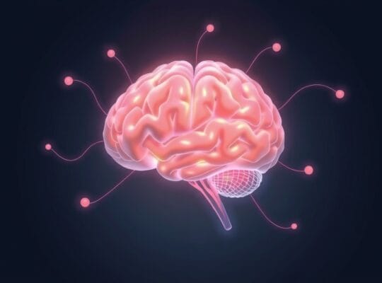 Abstrakcyjna wizualizacja mózgu przetwarzającego ból emocjonalny, symbolizująca wewnętrzną siłę.