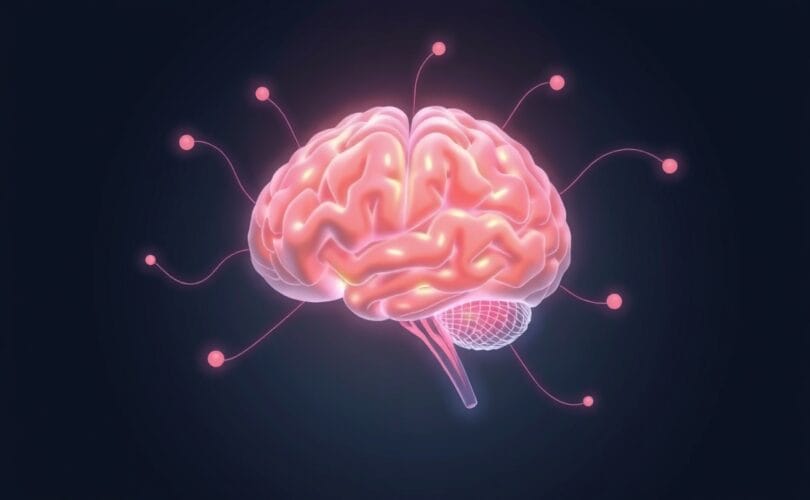 Abstrakcyjna wizualizacja mózgu przetwarzającego ból emocjonalny, symbolizująca wewnętrzną siłę.