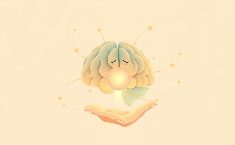 Abstrakcyjny mózg, pastelowe barwy, kojące kształty symbolizujące radzenie sobie z samotnością.