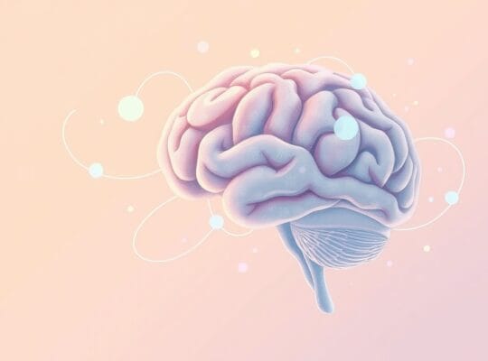 Mózg w pastelowej ilustracji, z eterycznymi liniami komunikacji, symbolizujący konstruktywne dialogi w pracy.