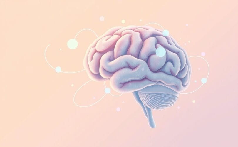 Mózg w pastelowej ilustracji, z eterycznymi liniami komunikacji, symbolizujący konstruktywne dialogi w pracy.