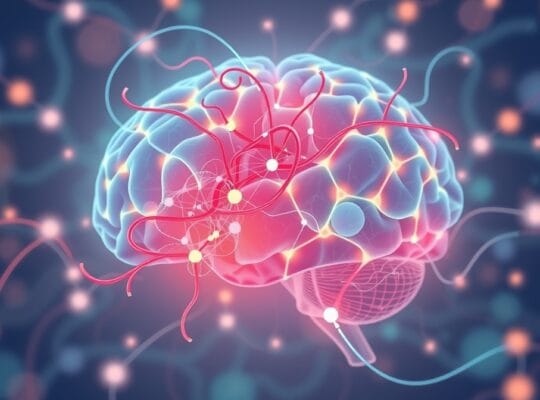 Naukowa wizualizacja mózgu: konflikt (czerwone linie) uspokajany przez empatię (niebieskie/zielone światło).