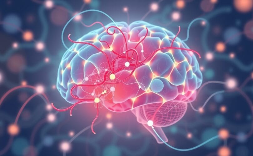 Naukowa wizualizacja mózgu: konflikt (czerwone linie) uspokajany przez empatię (niebieskie/zielone światło).