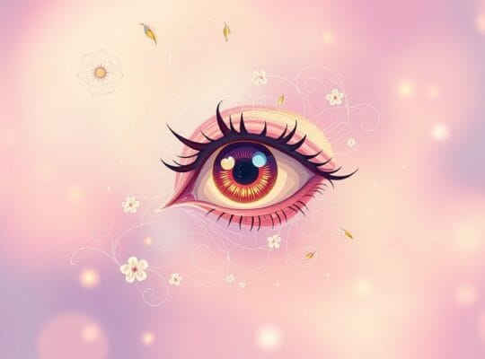 Stylizowane oko promieniujące delikatnymi liniami, otoczone łagodnymi wzorami.