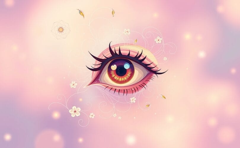 Stylizowane oko promieniujące delikatnymi liniami, otoczone łagodnymi wzorami.