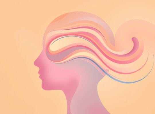 Abstrakcyjna głowa z pastelowymi falami dźwiękowymi, symbolizująca percepcję emocji w głosie.