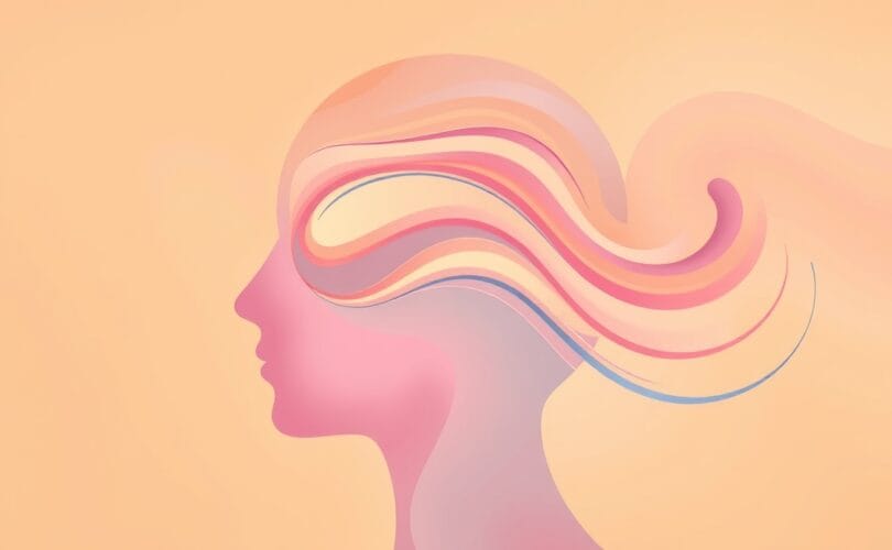 Abstrakcyjna głowa z pastelowymi falami dźwiękowymi, symbolizująca percepcję emocji w głosie.