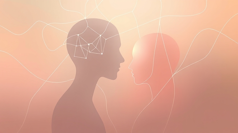 Abstrakcyjne, senne postacie połączone pastelowymi ścieżkami neuronowymi, subtelnie odzwierciedlające emocje.