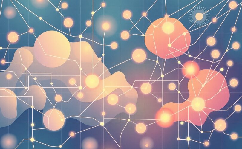 Surrealistyczna, pastelowa mapa neuronów i dróg pamięci, prowadząca do domu.