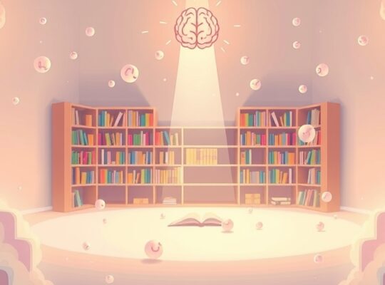 Surrealna biblioteka umysłu z rozpraszającymi myślami i promienistym przewodnikiem.