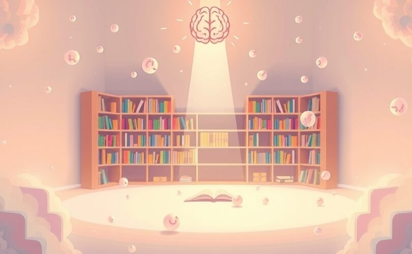 Surrealna biblioteka umysłu z rozpraszającymi myślami i promienistym przewodnikiem.