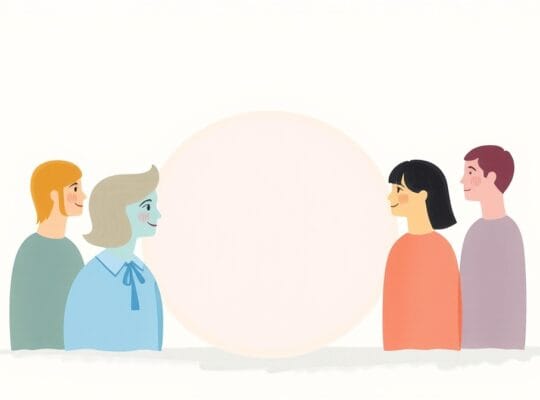 Abstrakcyjne kształty symbolizujące grupy społeczne, z subtelnie przenikającymi się, odzwierciedlającymi elastyczność stereotypów.