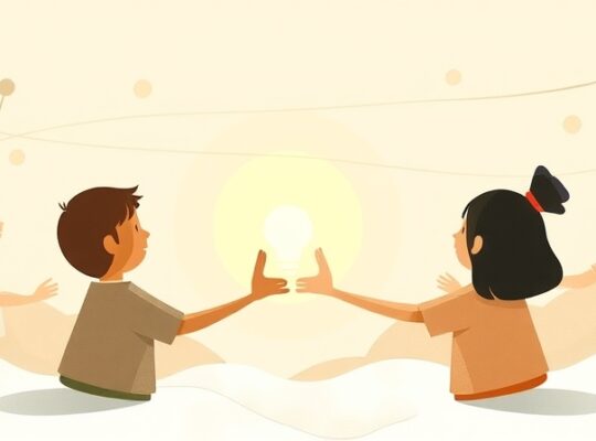 Ilustracja pastelowa, abstrakcyjne grupy połączone światłem, symbol empatii.