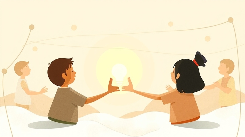 Ilustracja pastelowa, abstrakcyjne grupy połączone światłem, symbol empatii.