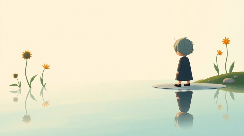 Samotna postać w pastelowym otoczeniu obserwuje odbicie w stawie obok lekko więdnących kwiatów.