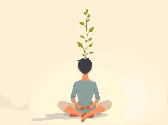 Delikatna ilustracja pastelowa: osoba w otoczeniu rozpuszczającego się lęku i symbolicznym wzroście po terapii.