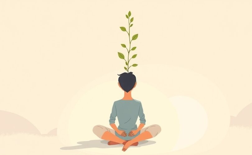 Delikatna ilustracja pastelowa: osoba w otoczeniu rozpuszczającego się lęku i symbolicznym wzroście po terapii.