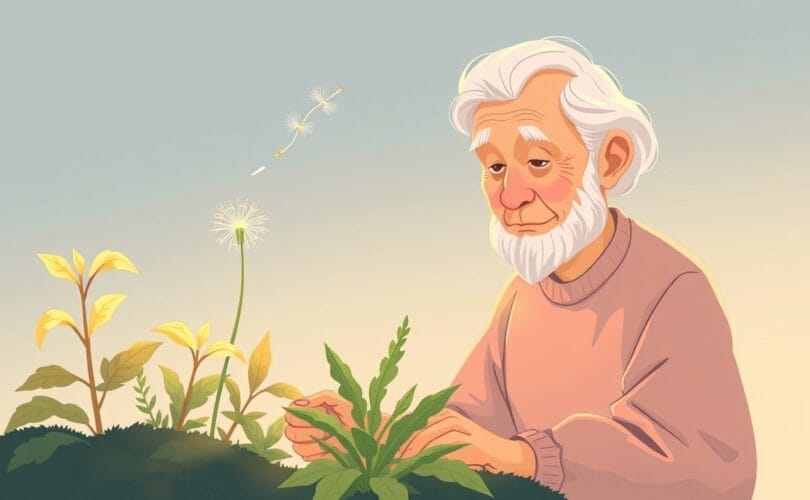 Spokojna starsza osoba dba o zioła, symbole wzrostu i wewnętrznego spokoju.