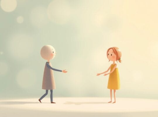 Dwie abstrakcyjne postacie łączące się łagodnym mostem symbolizującym przełamywanie lęku.