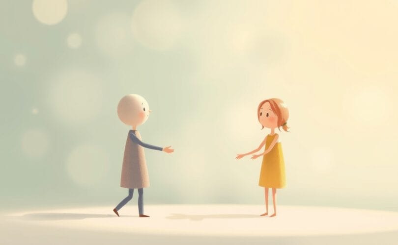 Dwie abstrakcyjne postacie łączące się łagodnym mostem symbolizującym przełamywanie lęku.