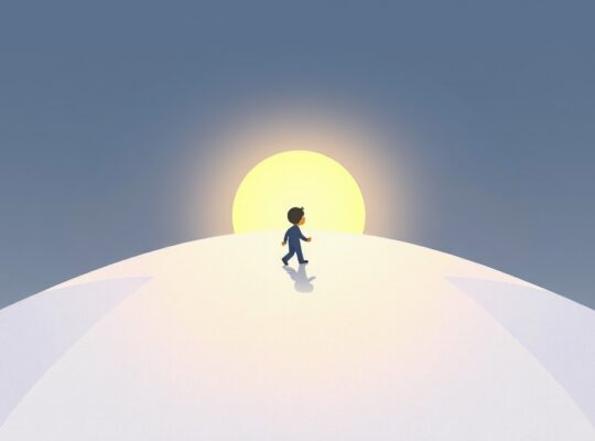 Symboliczna ilustracja: mała postać rusza oświetloną ścieżką ku nowym możliwościom.
