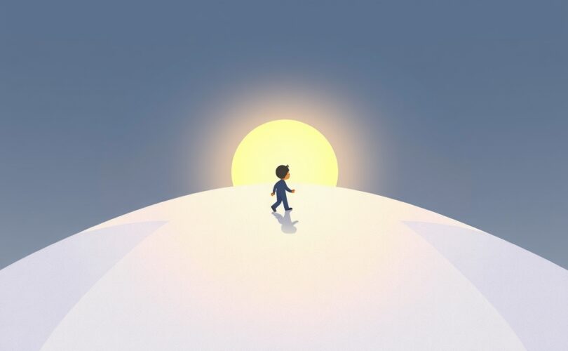Symboliczna ilustracja: mała postać rusza oświetloną ścieżką ku nowym możliwościom.