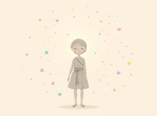 Osoba o świetlistym wnętrzu, otoczona rozpraszającymi się opiniami innych, uosabiająca siłę i spokój.