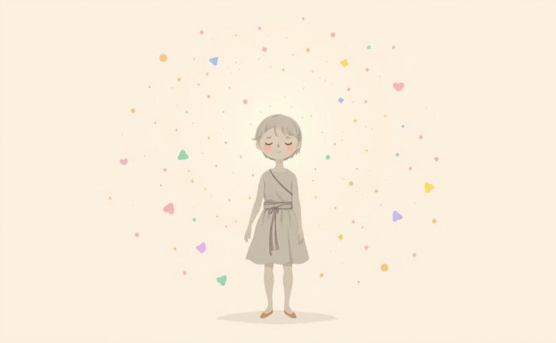 Osoba o świetlistym wnętrzu, otoczona rozpraszającymi się opiniami innych, uosabiająca siłę i spokój.