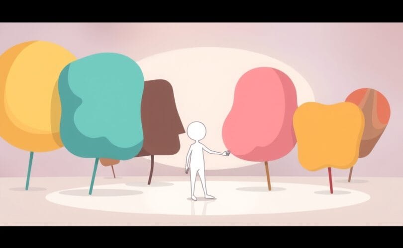 Delikatna ilustracja – postać nawiązuje kontakt z abstrakcyjnymi kształtami, symbolizując pokonywanie lęku przed odrzuceniem.