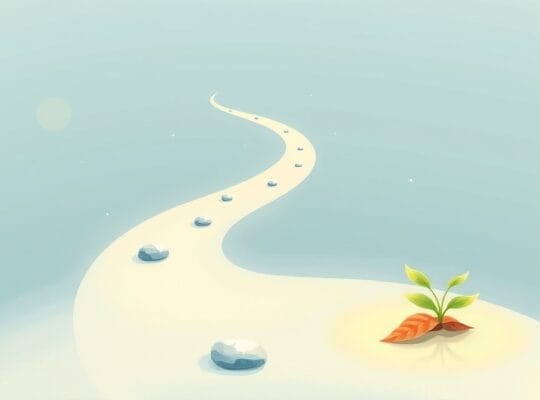 Poetycka ilustracja ścieżki wiodącej do światła, z kiełkującym nasionem.