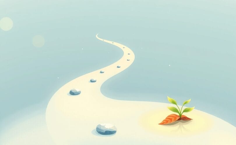 Poetycka ilustracja ścieżki wiodącej do światła, z kiełkującym nasionem.