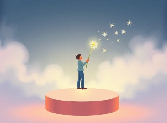 Delikatna ilustracja osoby trzymającej świecący dmuchawiec, symbolizująca przezwyciężenie lęku przed wystąpieniami.