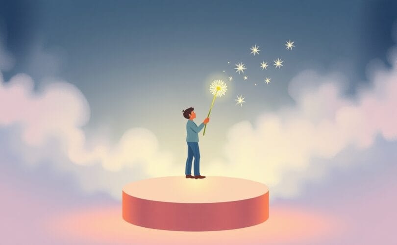 Delikatna ilustracja osoby trzymającej świecący dmuchawiec, symbolizująca przezwyciężenie lęku przed wystąpieniami.