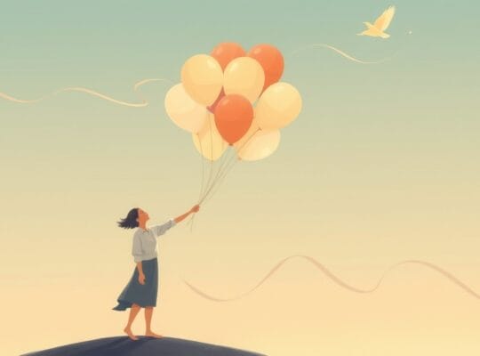 Symboliczna ilustracja: postać uwalnia balony z troskami w pastelowe niebo, symbolizując spokój.