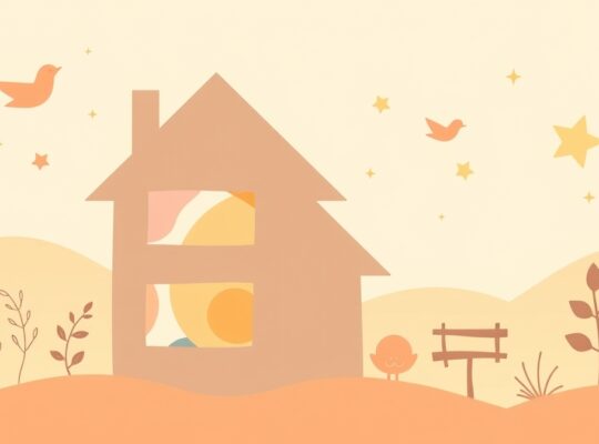 Ilustracjapastelowa: dymiący dom w tęczowych barwach, unoszące się światła i symbole niosące nadzieję.