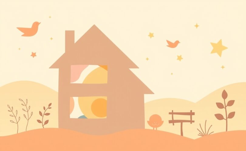 Ilustracjapastelowa: dymiący dom w tęczowych barwach, unoszące się światła i symbole niosące nadzieję.