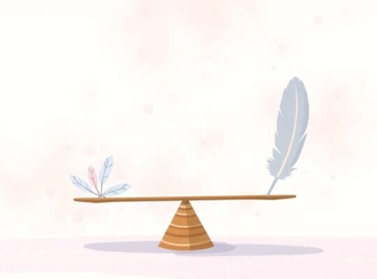 Symboliczna ilustracja pastelowych piór na wadze, symbolizująca równowagę odpowiedzialności.
