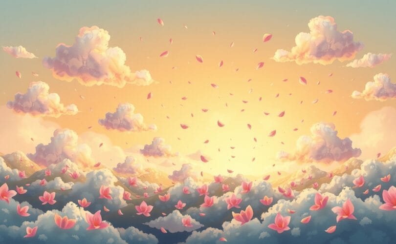 Lśniąca postać przemienia chmury zmartwień w barwne kwiaty, symbol spokoju.