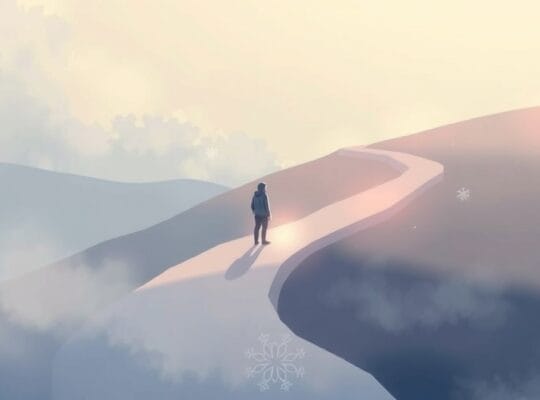 Spokojna postać na mglistej ścieżce, skierowana ku światłom nadziei, symbolizuje podróż przez niepewność.