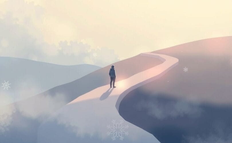 Spokojna postać na mglistej ścieżce, skierowana ku światłom nadziei, symbolizuje podróż przez niepewność.