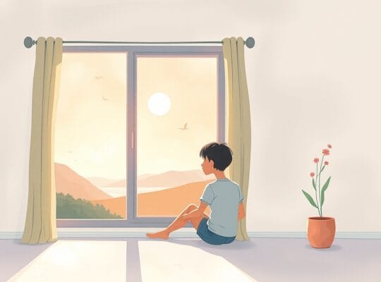 Stojąca postać przy oknie patrzy na spokojny krajobraz, przywołując spokój i odporność.