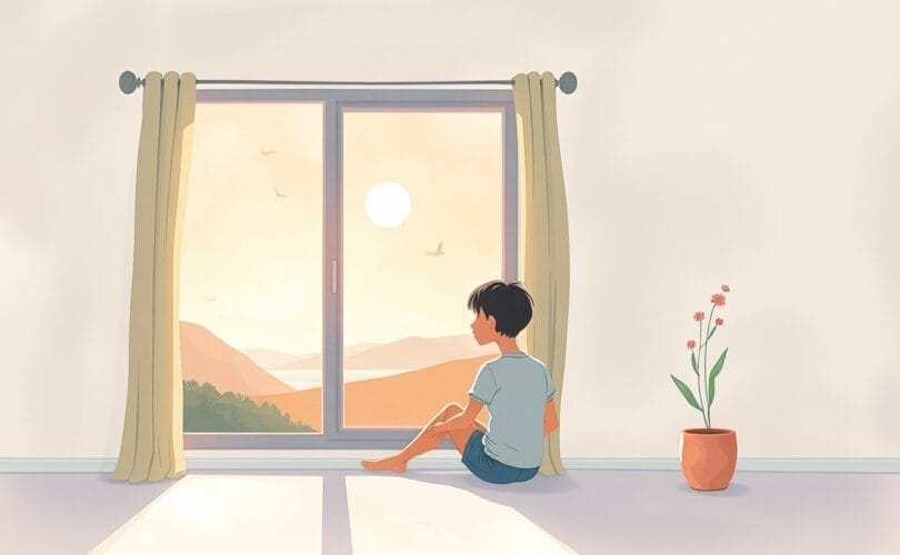 Stojąca postać przy oknie patrzy na spokojny krajobraz, przywołując spokój i odporność.