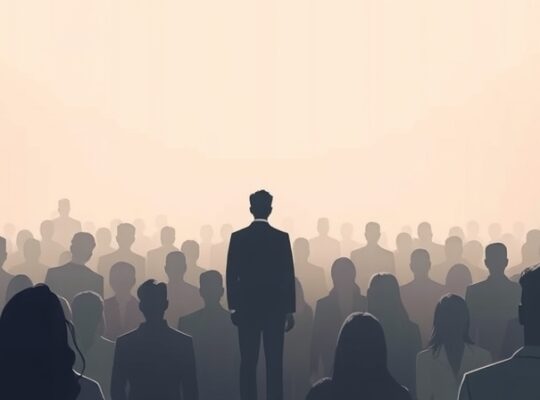 Samotna postać na tle rozproszonego światła i pastelowego tłumu.