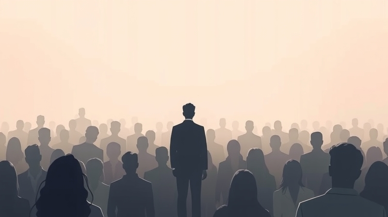 Samotna postać na tle rozproszonego światła i pastelowego tłumu.