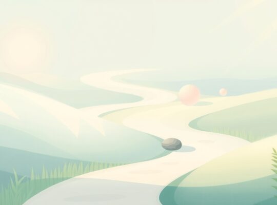 Kręta ścieżka przez pastelowy krajobraz, metafora życiowych przemian i rozwoju.